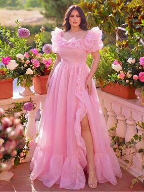 Faeriesty Women's Pink Elegant Ruffle Off-Shoulder Organza Formal Party Dress